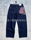 Trend Brand Derschutze Plum Embroidery Jeans Men Loose Personality Street Straight Pants 68HZ