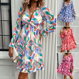 Dili Women's Clothing 2025 Spring And Summer Temperament Elegant Impact Color Printing V Collar Long Sleeve Dress