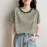 Pure Cotton Short-Sleeved Horizontal Streak T-Shirt Women's Summer 2025 New Loose Half-Sleeved Sympathize Casual Bottoming Shoulder Coat