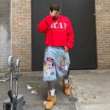 Trendy Print Denim Shorts Men's High Street Design Straight Five-Point Pants Loose Trousers 68HZ