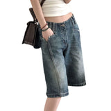 New Retro Water Wash Old Denim Shorts Female Vibe Design Feeling Loose Straight Five Cents Trousers 68HZ