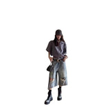 Vintage Vibe High-Waisted Denim Seven-Point Trousers Women Y2K Loose Leisure Water Wash To Make Old Straight Trousers 68HZ