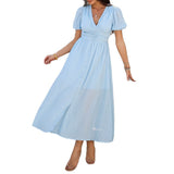 Dili 2025 Spring/Summer Leisure Commuting Holiday Wind V. Collar High-Waist Short-Sleeved Open-Fork Dress Woman
