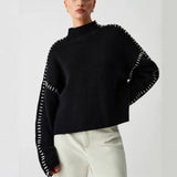 Crash Color Splicing Jumper Female Chic Black Sweater In Autumn And Winter Outside Wearing Round Knitted Sweater Tide 68HZ
