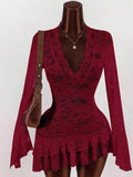 New Women's Vintage Babes Hollow Lace V-Neck Waist Thin Perspective Holiday Dress