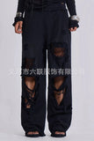 Street Hole-Breaking Slack Women Loose High Waist Hanging Feeling Irregular Sports Pants Tide 68HZ