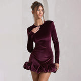 Autumn And Winter New Folded Hem Body Half-Dress Temperament Collar Long-Sleeved Velvet Three-Dimensional Dress