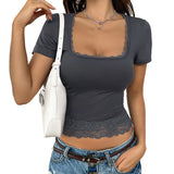 Dili 2025 Spring/Summer Blouse Women's Y2K Sexy Solid Color U-Neck Lace Spliced Bm Short-Sleeved T-Shirt
