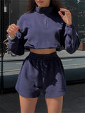 Spring And Autumn Women's Long-Sleeved Half-Necked Zippered Zip-And-Wear Shorts Two-Set Casual Ladies Suit 68HZ