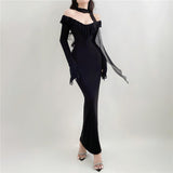 Women's Clothing 2025 Autumn And Winter New Sexy Long-Sleeved Word-Collar High-Waisted Hip Dress 68HZ