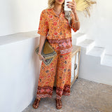 Dili 2025 Spring And Summer Print Bumped Bohemian Holiday Style Short-Sleeved Trouser Suit Women's Clothing