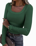 2026 New Burst Threaded Pit Strips Long-Sleeved Sexy U-Neck Casual Women's T-Shirt