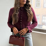 Dili Leisure Vacation Wind Solid Color Wool Woven Button Long-Sleeved Top Sweater Women's 2025 Autumn And Winter