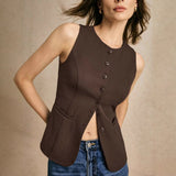 Summer Women's New Commute Simple Fashion Buttons Pure Color Vest Casual Collar Vest