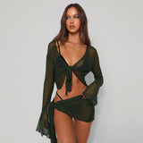 2025 Summer New Women's Net Eye Perspective Strap Long Sleeve Wrapped Thoracic Skirt Casual Half-Dress Suit Woman