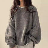 Casual Pure Color Open Fork Knitted Knitted Women Loose Long-Sleeved Round Sweater Autumn And Winter New 68HZ