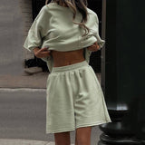 2025 Casual Ladies Summer Suit Solid Color Round Neck Short Sleeves Tight Sports Shorts Two-Piece Set Of Women 68HZ