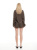 Fashion Casual Striped Long-Sleeved Top Shorts Set Female Retro Lazy Wind Low-Rise Thin Two-Set Woman