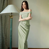 2025 Summer New Pure Wind Sexy Hot Girl Shoulder Dress Without Sleeve Half-Permeable Mesh Stitching Dress
