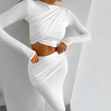 Women's Clothing 2025 Autumn And Winter 2025 New Round-Neck Long Sleeves Bare Umbilical Top Dress Dress Suit Women
