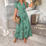 Dili 2025 Spring And Summer Printing Leisure Holiday Bream Short Sleeves Wide Legs Long Pants Women's Clothing