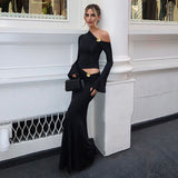 Autumn 2025 Sexy Slanted Shoulder Horn Sleeve Top Fashion Slimming Half-Body Hip Skirt Suit