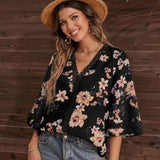 2025 Southeast Asian Summer New Loose V-Neck Temperament Commuter Horn Lace Jersey Chiffon