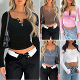 Dili Women's Top 2025 Spring And Summer Y2K Casual Solid Color Repair V-Neck Long-Sleeved T-Shirt