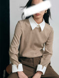 Intellectual College Style Splicing After Opening Buckle Elastic Fake Two Long-Sleeved Knitted Shirt Top Woman