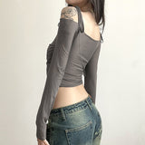 2025 Summer New Women's Pure Color Empathic Street Fashion Word Long-Sleeved T-Shirt 68HZ