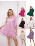 New Burst Fashion Solid Color Loose Waist Short-Sleeved Skirt Dress Banquet Squin Dress