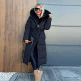 Women's Winter New Thick Warm Collar Tight Belt Hooded Long Cotton Coat Premium Sense