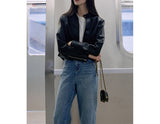 Right Shoulder PU Leather Zip Locomotive Leather Women Autumn Short Retro Collar Jacket Autumn Cool And Very Good