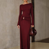 2025 New Temperament Metal Accessories Long Dress Red Knitted Round Dress Dress Dress Dress