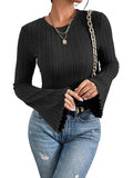 2026 New 8X4 Pit Gruffing Round Collar Women's Blouse Fashion Burst Long-Sleeved Lady T-Shirt