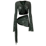 2025 Summer New Women's Net Eye Perspective Strap Long Sleeve Wrapped Thoracic Skirt Casual Half-Dress Suit Woman
