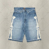Trendy Embroidery Five-Point Denim Shorts Men's High Street Retro Bone Embroidery Loose Casual Trousers 68HZ