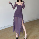 2025 Autumn New Women's Clothing Pure Color Repair Height Waist Fashion Collar Long Sleeve Mesh Dress 68HZ