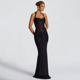 2025 New Hanging Neck Tie Mesh Splicing Ribbon Dress Dress Dress