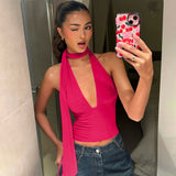 2025 Summer New Hanging Neck Low Breast Slings Sexy Neck Strap Back Hollow Vest Deep V Striped Back
