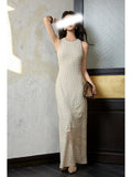 Spring And Summer New Elastic Bright Silk Tug Round Neck Cut Shoulder Slim Slim Temperament Waist Dress