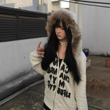 Vintage Letter Print Collar Hoodie Women Y2k Thick Silver Fist Velvet Jacket Set Loose Open Shirt 68HZ