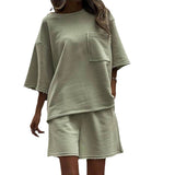 2025 Casual Ladies Summer Suit Solid Color Round Neck Short Sleeves Tight Sports Shorts Two-Piece Set Of Women 68HZ