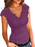 2025 Summer New Solid Color V-Necked Leaf Sleeve Short-Sleeved Lady Top