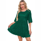 New Burst Fashion Solid Color Loose Waist Short-Sleeved Skirt Dress Banquet Squin Dress
