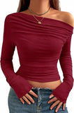 New Sexy Folded Shoulder Jacket Long Sleeves Out Asymmetrical Umbilical Folding T-Shirt Style Short