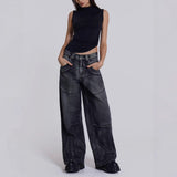 Trendy Retro Winged Jeans Women Y2K Street Hottie Low-Rise Loose Straight 68HZ