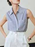 Summer New Sleeveless Shirt Striped Casual Right Angle Shoulder Shirt London Street Simple Wear Top