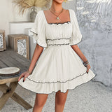 Dili 2025 Spring And Summer Leisure Holiday Wind Solid Wood Ear With Short-Sleeved Dress Women's Skirt