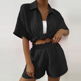 Summer Ladies Set Fashion Casual Shorts Shorts Shirt Button-Down Sleeves Casual Set